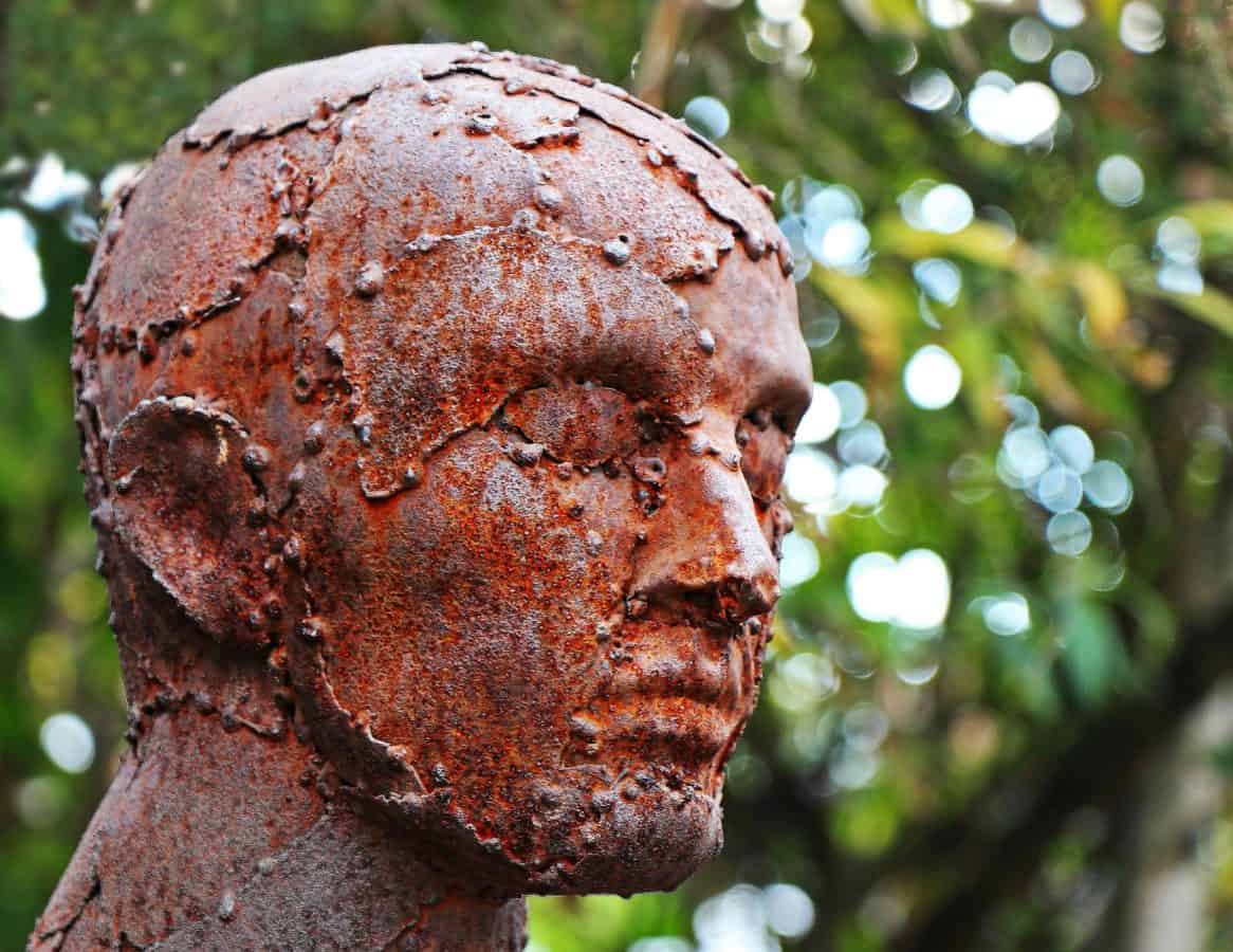 bronze, statue, head, man, tree, people, outdoor, art, sculpture