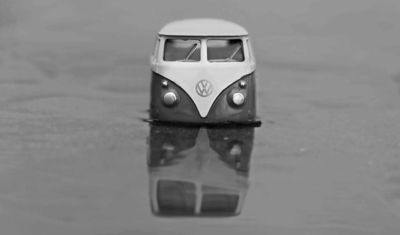 Volkswagen van, black and white, vehicle, car, sky, water, monochrome, toy, model