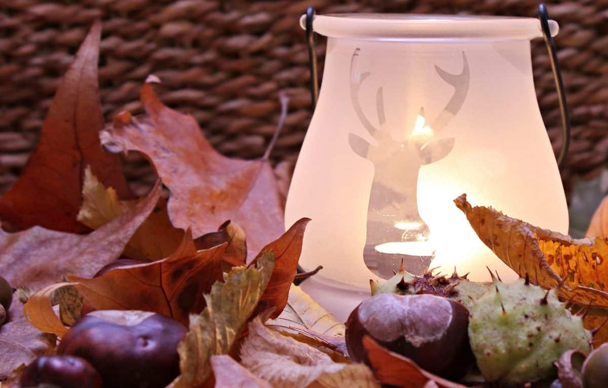 Zátiší, lampa, světlo svíček, podzim, lehké kaštan