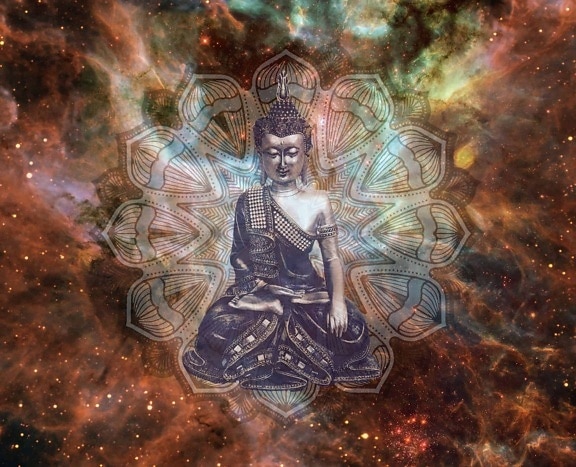 Buddha, Buddhism, photomontage, abstract, cosmos, star, art, colors, religion