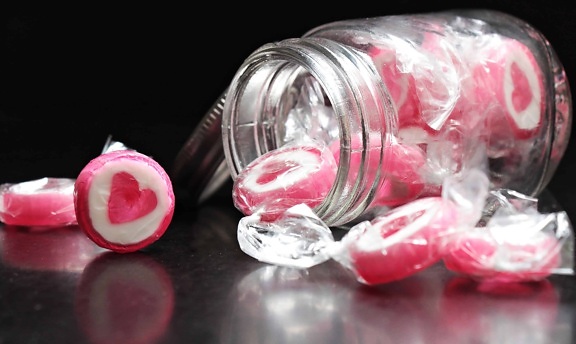 candie, sweet, food, glass, jar, heart, pink