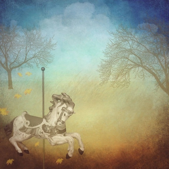 photomontage, créativité, peinture à l’huile, cheval, arbre, forêt, art