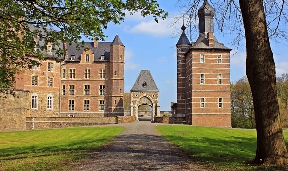 access road, architecture, lawn, architecture, castle, palace, tower, old
