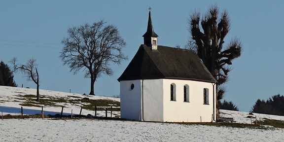 ศาสนา สถาปัตยกรรม โบสถ์ สีฟ้า บ้าน กลาง แจ้ง ต้นไม้ ฤดูหนาว