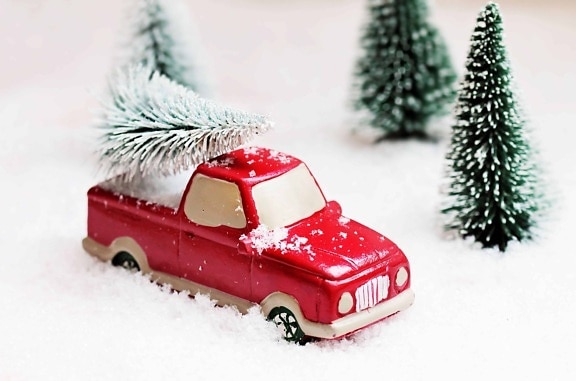 дерево, снег, зима, красный автомобиль, красный, игрушки, украшения, объект