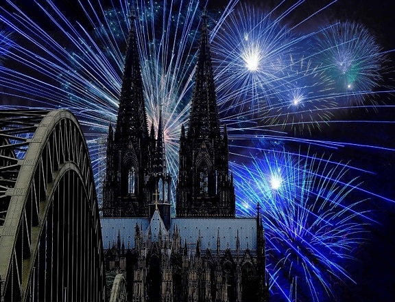 fireworks, photomontage, bridge, construction, cathedral, city, religion