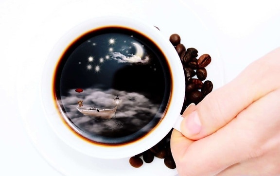 кофеин, напитка, чаша кафе, човек, изкуство, отражение, Луната