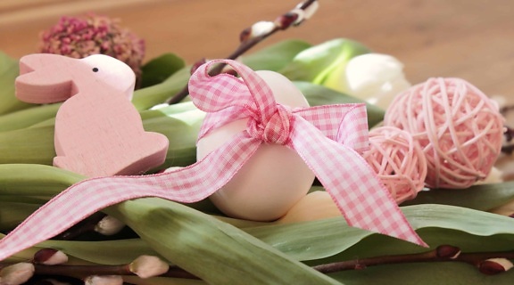 イースターエッグ、装飾、ウサギ、卵、生地、リボン、花、春