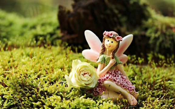 играчка, обект, трева, фея, момиче, пролет, бяла роза, цветя, природа, Градина