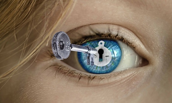 eyelash, hand, hair, photomontage, key, blue eye, lock