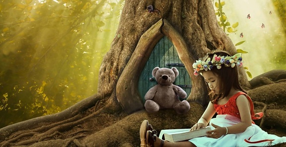 дівчина плюшевий ведмідь квітка, фотомонтаж, дерево, казка