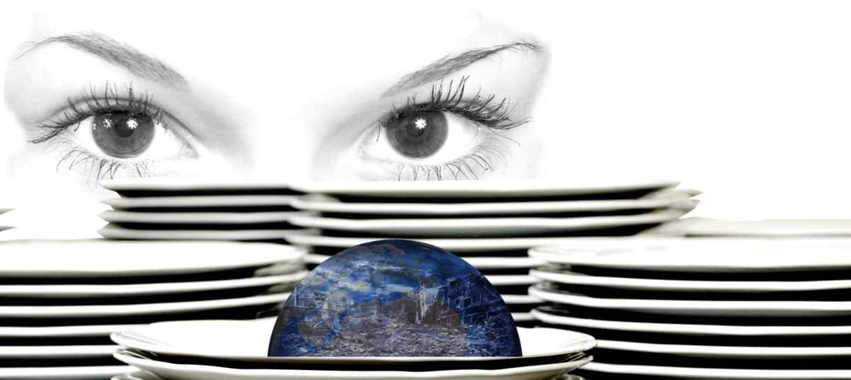 photomontage, woman, plate, decoration, face, planet, indoor, eye