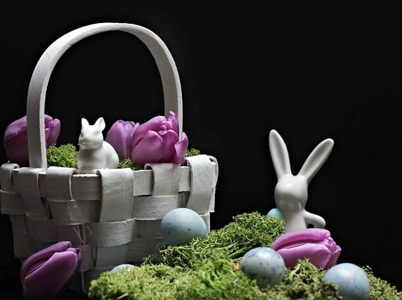 Великден, яйце, цветя, кошница, мъх, заек, фигура