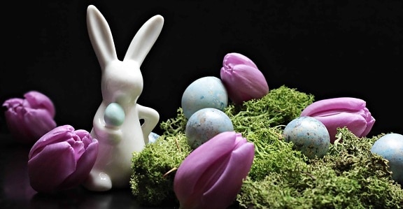 Páscoa, ovo, flores, natureza morta, decoração, coelho, figura