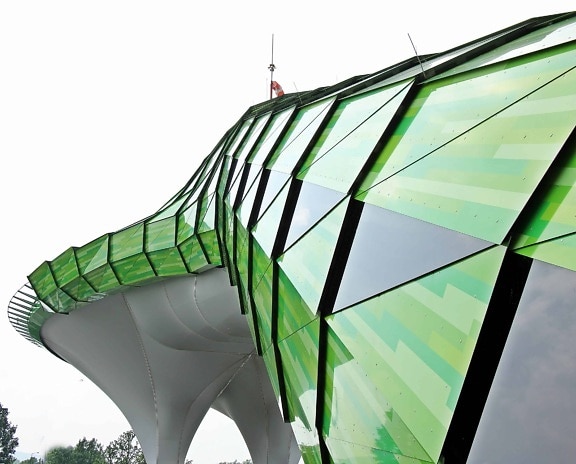 zelená architektura, exteriér, fasády, moderní, skleněné, budova, reflexe, obloha