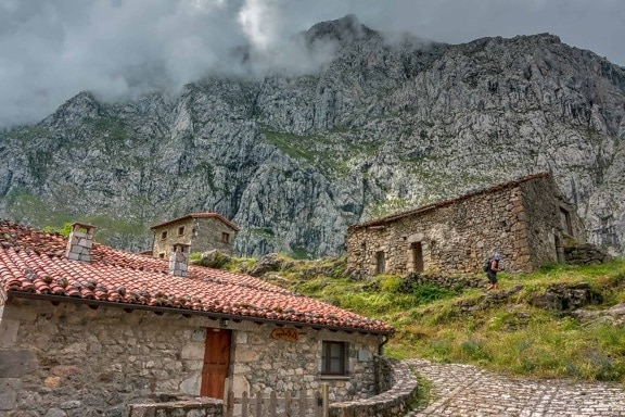 countryside, exterior, facade, stone wall, mountain, architecture, hill, house, landscape, nature, roof