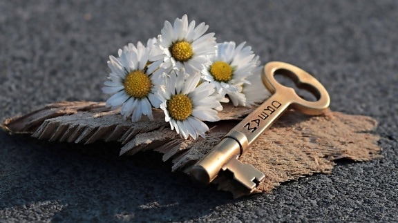 flower, key, concrete, still life, plant, wood, petal, metal