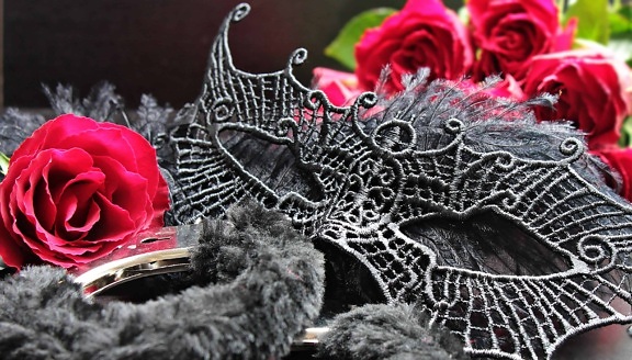 futro, metalowe, kajdanki, kwiat, róża, maska, romans