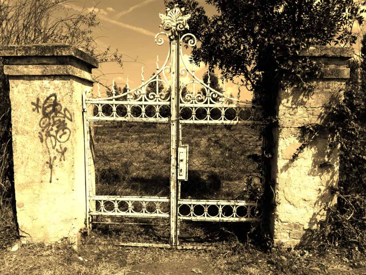 old, fence, cast iron, material, object, sepia, structure, outdoor