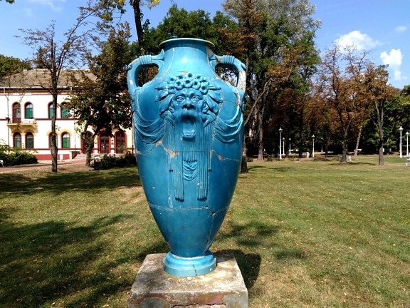 pottery, art, sculpture, blue, vase, object, tree, grass, outdoor, sky