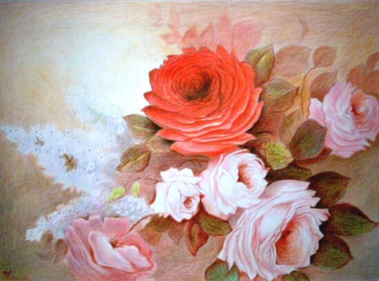 Картина маслом, цветок, Роза, пастель, искусство, розовый, композиция