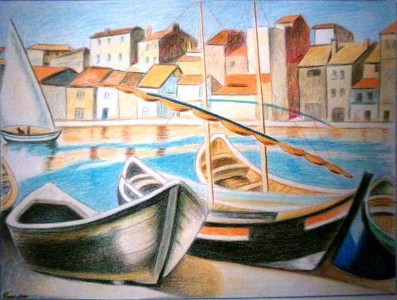 ελαιογραφία, ωραία τέχνη, πολύχρωμο, βάρκα, νερό, θάλασσα