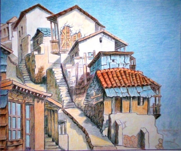 Картина маслом, старая, крыша, архитектура, дом, улица, город, Балкон, город