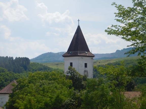 Gereja desa pedesaan, menara, langit, arsitektur, daylight, pohon, siang hari