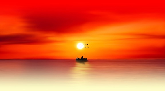 fotomontáž, moře, západ slunce, rybář, člun, voda, krajina, obloha