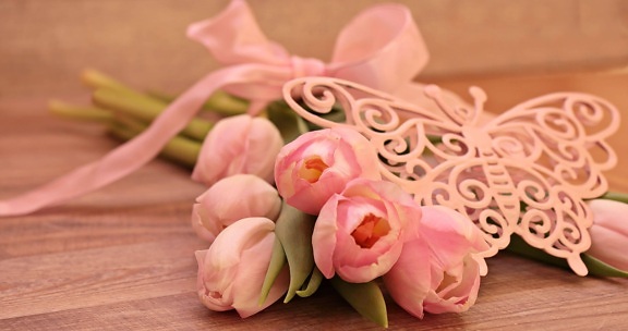 kukka, vaaleanpunainen, ruusu, terä lehti, järjestely, pöytä, kasvi, sisä-