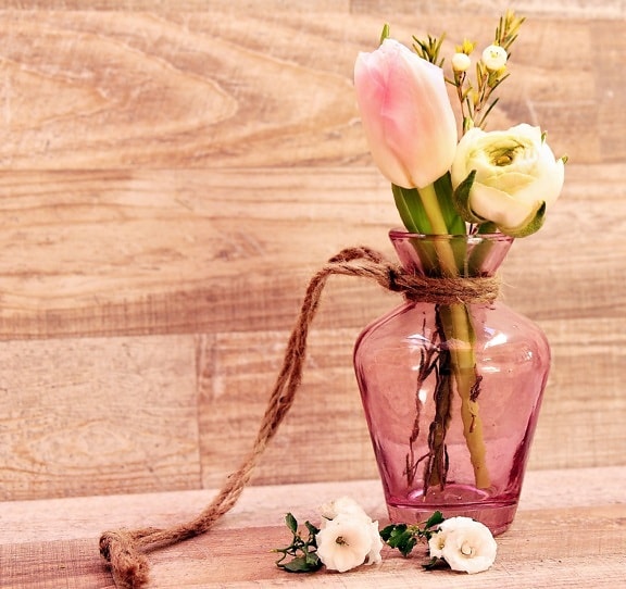 チューリップ、バラ、花、花瓶、装飾、木材