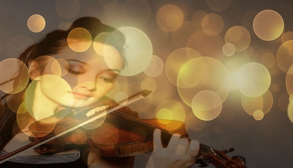абстрактно, момиче, светлина, цигулка, музика, отражение