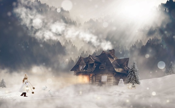 zima, sníh, stodola, stavba, dům, studená, venkovní, kouř