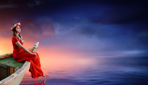 sunset, sky, red dress, water, woman, boat, water
