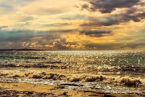 море, вода, небо, закат, природа, пляж, солнце, облако, океан, береговая линия