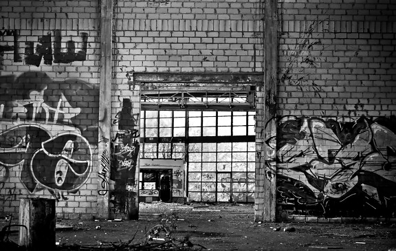 fábrica, graffiti, parede, monocromático, arquitetura, cidade, urbana