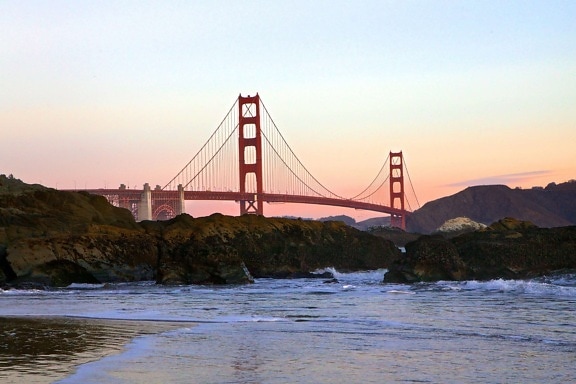 Océano, puesta del sol, agua, paisaje, San Francisco, mar, puente, embarcadero, estructura