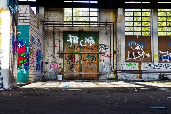interiér, mestskej, továrne, graffiti, architektúra, mesto, vandalizmus