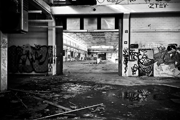 Monochrom, Graffiti, Industrie, Fabrik, alt, Innenraum, Müll