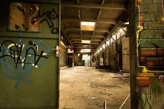 vandalisme, intérieur, urbain, industrie, graffiti, entrepôt