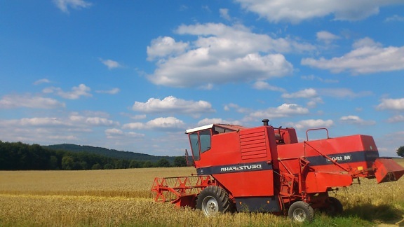 machine, field, agriculture, vehicle, equipment, wheatfield, blue sky