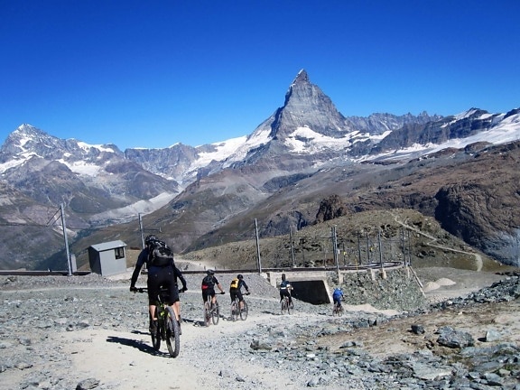 mountain biking, adventure, extreme sport, snow, landscape, winter, glacier, people