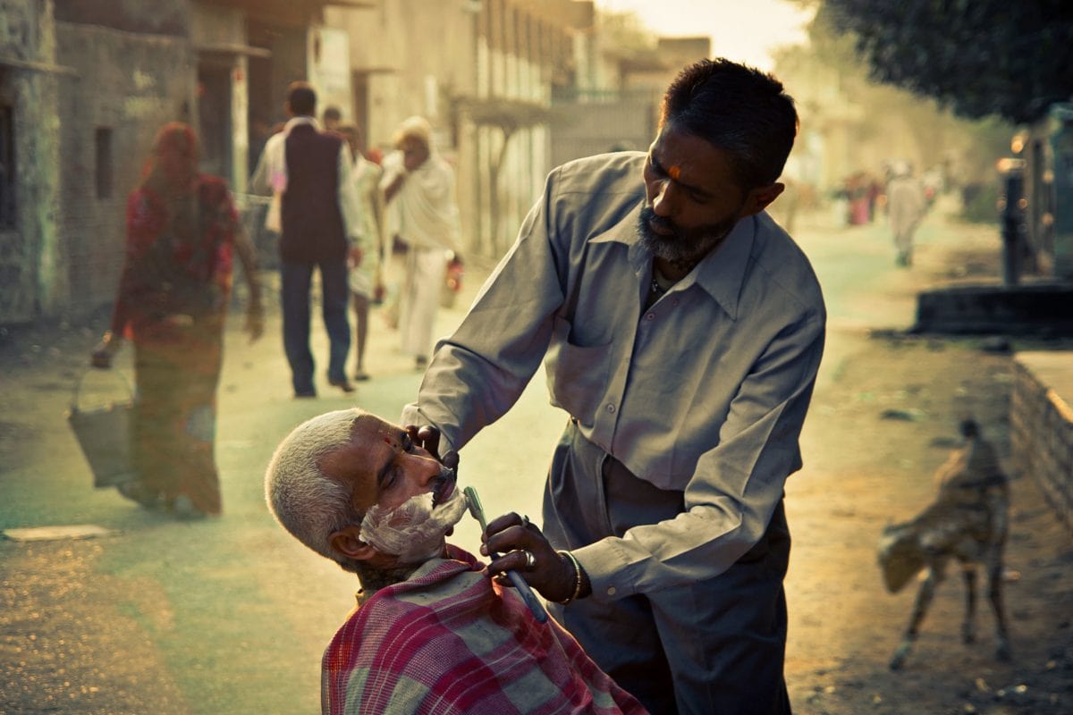 Barber, čovjek, ljudi, osoba, brijanje, ulica, grad, Indija