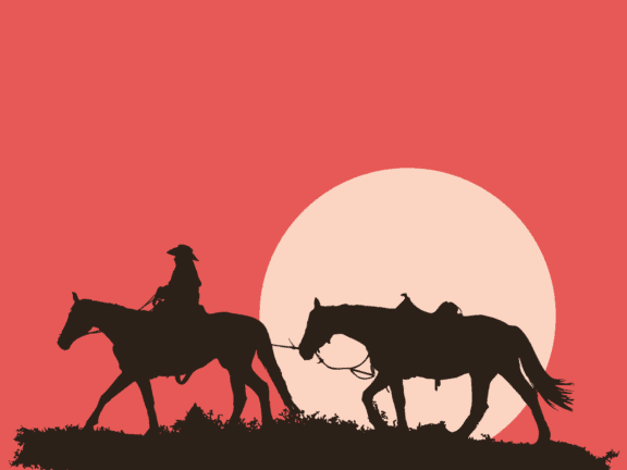 animal, silhueta, cavalaria, animal, por do sol, cowboy, tira, ilustração