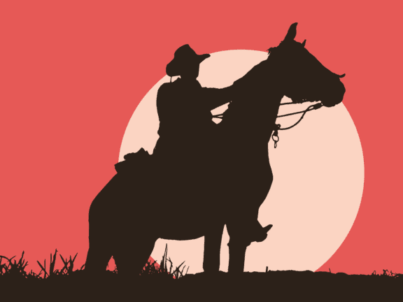 cavalerie, dier, silhouet, zonsondergang, cowboy, strip, illustratie