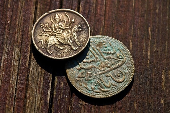 vechi, retro, antic, lemn, monedă, monedă, bani