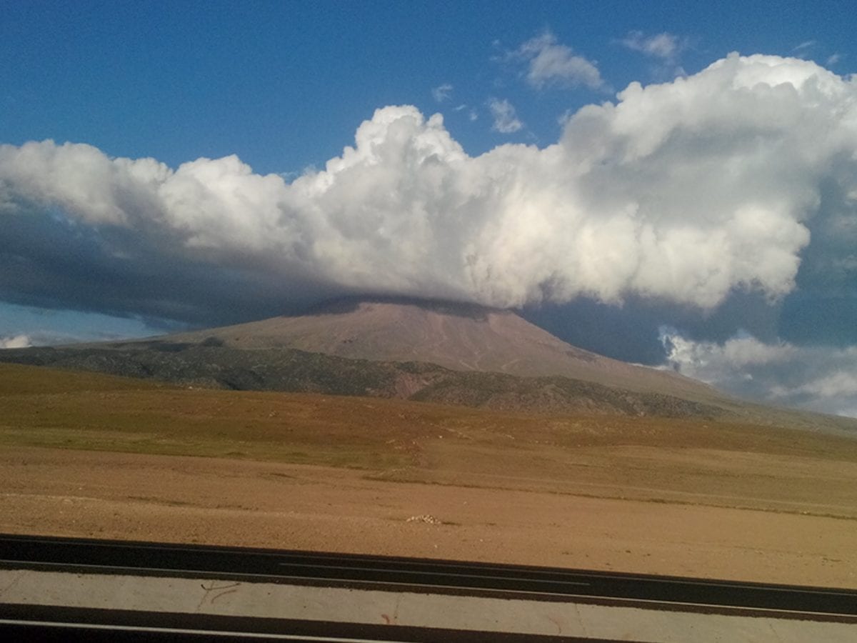 mountain, volcano, cloud, volcanic eruption, landscape, blue sky, outdoor