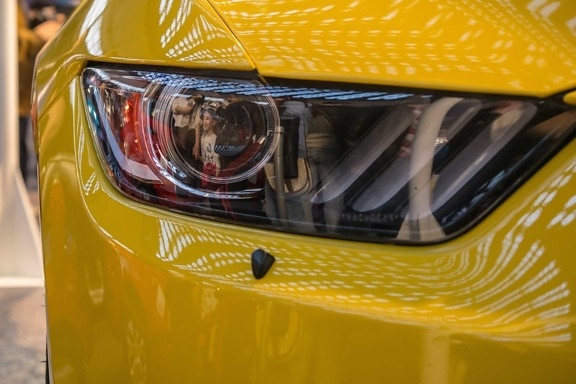 gul bil, frontlys, kjøretøy, klassisk, moderne, refleksjon