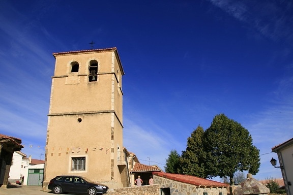 church tower, blue sky, street, car, architecture, shelter, tower, outdoor