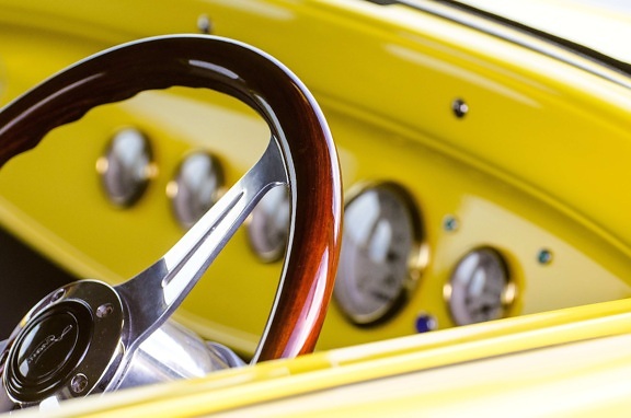 быстрый, желтый автомобиль, колесо, хром, привод, приборная панель, автомобиль, классический